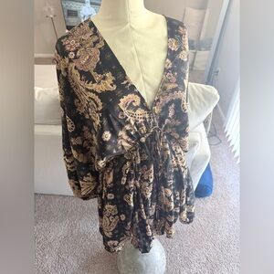 Free People Paisley Boho Mini Dress Tie Front Festival Flowy Dress XS Coachella!